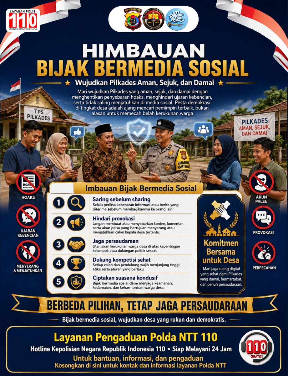 humas_polda_ntt's tweet photo. Himbauan Bijak Bermedia Sosial 📱

Mari gunakan media sosial dengan cerdas, santun, dan bertanggung jawab. Saring sebelum sharing, pastikan informasi yang diterima benar dan berasal dari sumber terpercaya.

#BijakBermediaSosial #SaringSebelumSharing #LawanHoaks https://t.co/bmEMXgVIuw
