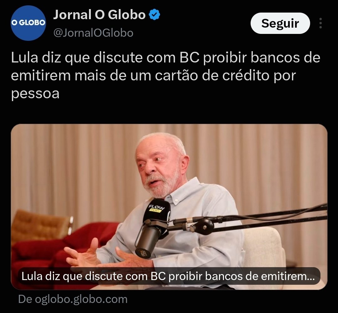 ConservaBanido's tweet photo. 🚨 PARECE MENTIRA, MAS É LULA

LULA DEFENDE ACABAR COM CARTÕES DE CRÉDITO

Você só vai poder ter UM cartão de crédito. Todos os outros serão CANCELADOS

Achou mentira? PUBLICADO NA GLOBO

Compartilha e manda no zap e no insta https://t.co/6tDEwXY9MS