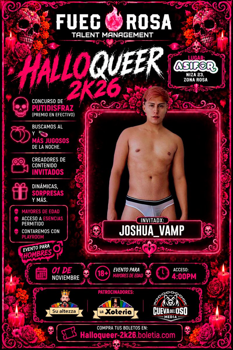 su_altezza's tweet photo. Como siempre #laxoteria 🎴 y #sualtezza 👑 en los magnos eventos
Y esta ocasión nos vemos en el #halloqueer🎃 2026
Invitados especiales:
@joshua_vamp
@Rise_Ortiz
@vergatox
@AngelesIsrael
Con nuetros amigos se
@Fuego_RosaMx
@su_ilustrizima
@cuevadeloso_
@EncuentroGayMty