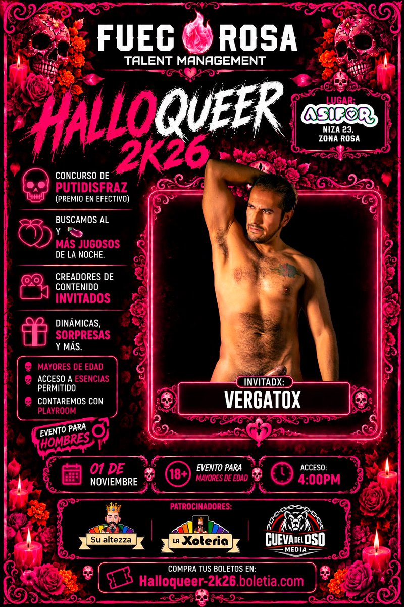 su_altezza's tweet photo. Como siempre #laxoteria 🎴 y #sualtezza 👑 en los magnos eventos
Y esta ocasión nos vemos en el #halloqueer🎃 2026
Invitados especiales:
@joshua_vamp
@Rise_Ortiz
@vergatox
@AngelesIsrael
Con nuetros amigos se
@Fuego_RosaMx
@su_ilustrizima
@cuevadeloso_
@EncuentroGayMty