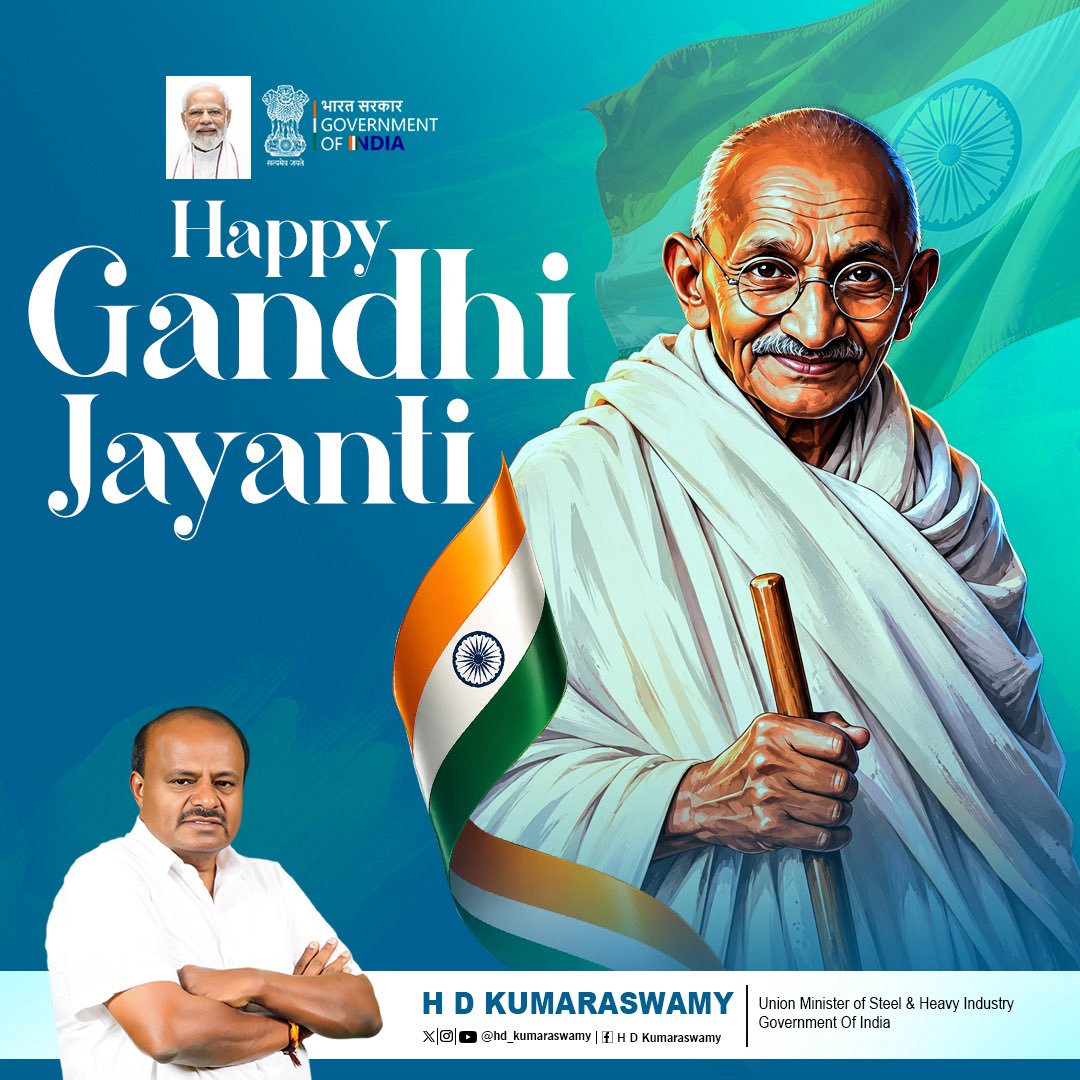 hd_kumaraswamy's tweet photo. On Gandhi Jayanti, I pay homage to Mahatma Gandhi avaru, whose life and ideals continue to remind us of the enduring values of truth, non-violence and public service.

May we uphold these principles in our collective journey towards a stronger, more inclusive India.

#GandhiJayanti #MahatmaGandhi