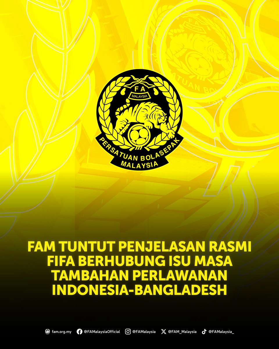 idextratime's tweet photo. ✅ RESMI : Persatuan Sepak Bola Malaysia (FAM) memandang serius persoalan mengenai perubahan waktu tambahan dalam pertandingan antara Indonesia dan Bangladesh pada ajang FIFA ASEAN Cup 2026 di Stadion Utama Gelora Bung Karno, Jakarta, tadi malam. Dalam pertandingan tersebut, waktu tambahan yang awalnya ditunjukkan selama dua menit kemudian diubah menjadi tujuh menit.

Sehubungan dengan situasi tersebut, FAM akan mengajukan permintaan resmi kepada FIFA untuk memperoleh klarifikasi mengenai dasar, prosedur, dan keadaan yang menyebabkan perubahan jumlah waktu tambahan tersebut.