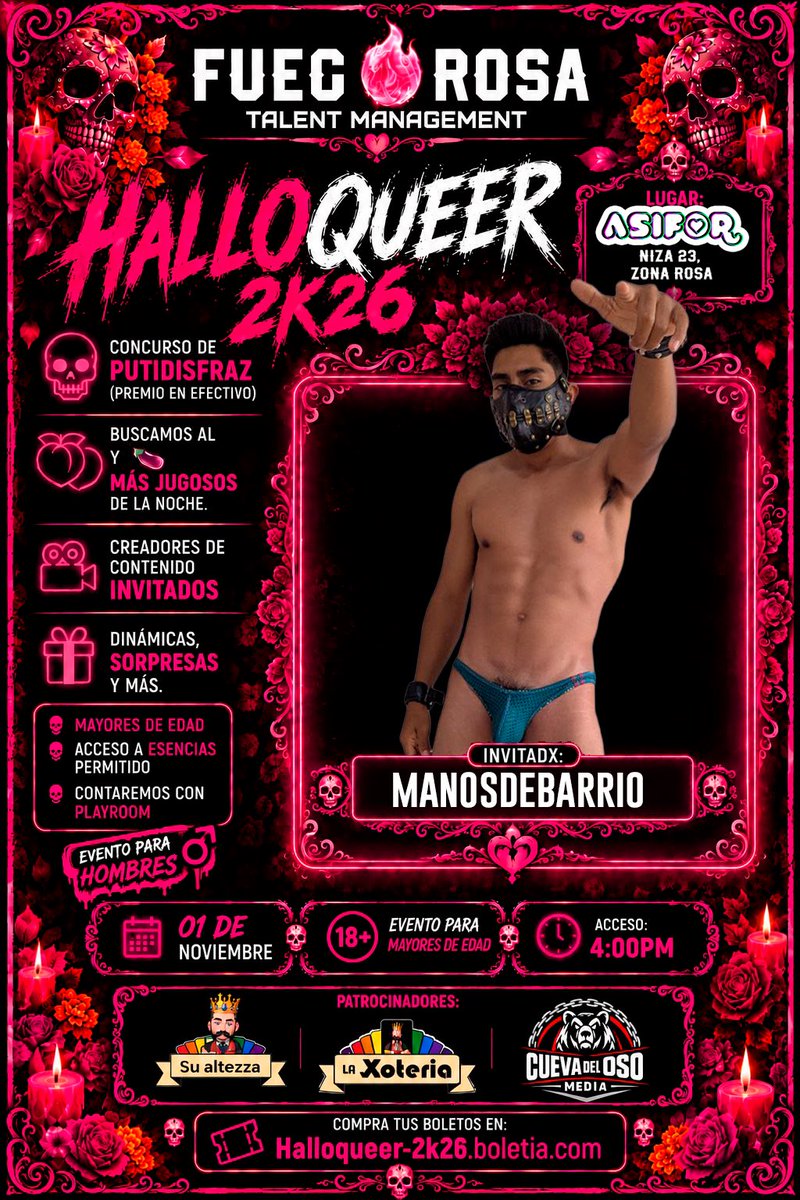 su_altezza's tweet photo. Como siempre #laxoteria 🎴 y #sualtezza 👑 en los magnos eventos
Y esta ocasión nos vemos en el #halloqueer🎃 2026
Invitados especiales:
@zorrotz_x
@manosdebarrio
@Androx_420
@Xlucix18
Con nuetros amigos se
@Fuego_RosaMx
@su_ilustrizima
@cuevadeloso_
@EncuentroGayMty