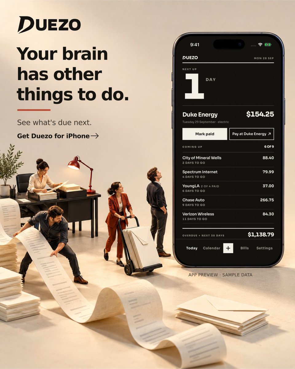 DuezoApp's tweet photo. Your brain has other things to do.

See which bill is next, what you owe and how many days are left in Duezo.

#Duezo #BillTracker #iPhoneApps https://t.co/nP7Suao9I3