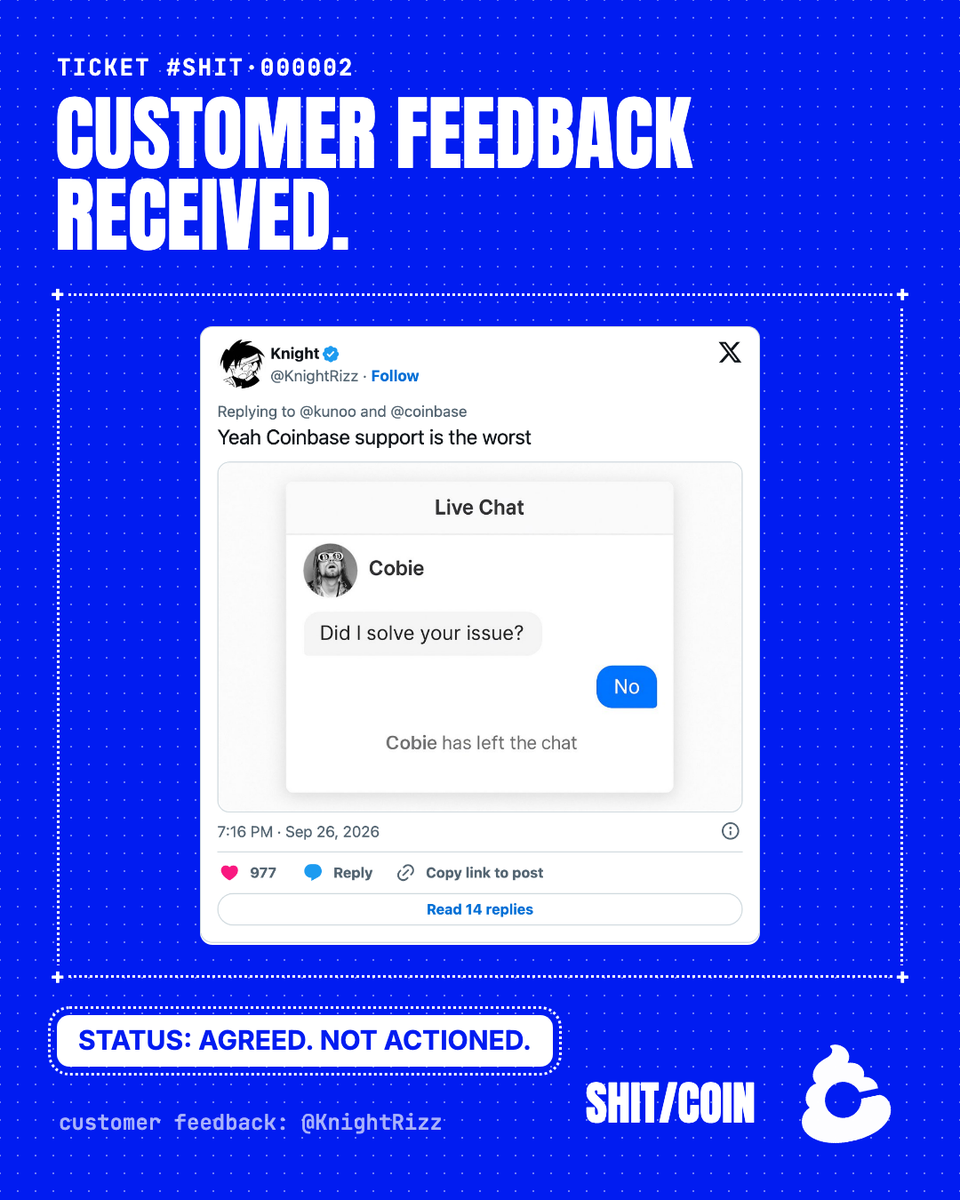 ShitcoinSupp's tweet photo. TICKET #SHIT·000002
customer feedback received.
we agree. we will not be acting on it. https://t.co/aWItTsr9le
