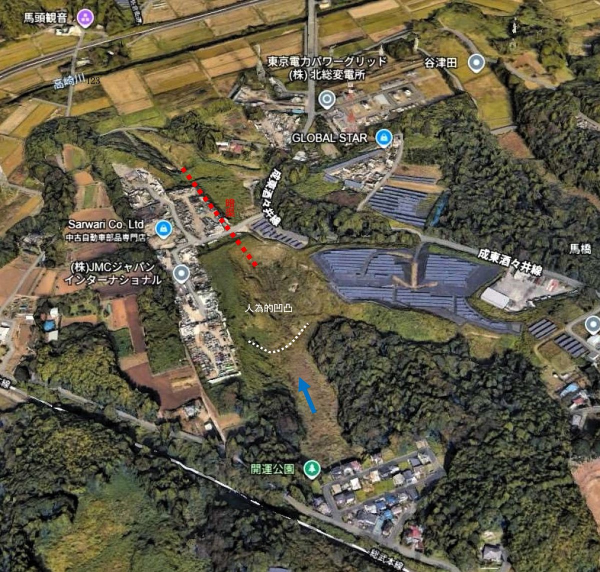 hage1313's tweet photo. @Yokohama_Geo 開運団地の浸水の根本的原因は，団地北側の谷の下流部で盛土がなされ「暗渠」が施工されていることです。 https://t.co/6sCY3E22fr