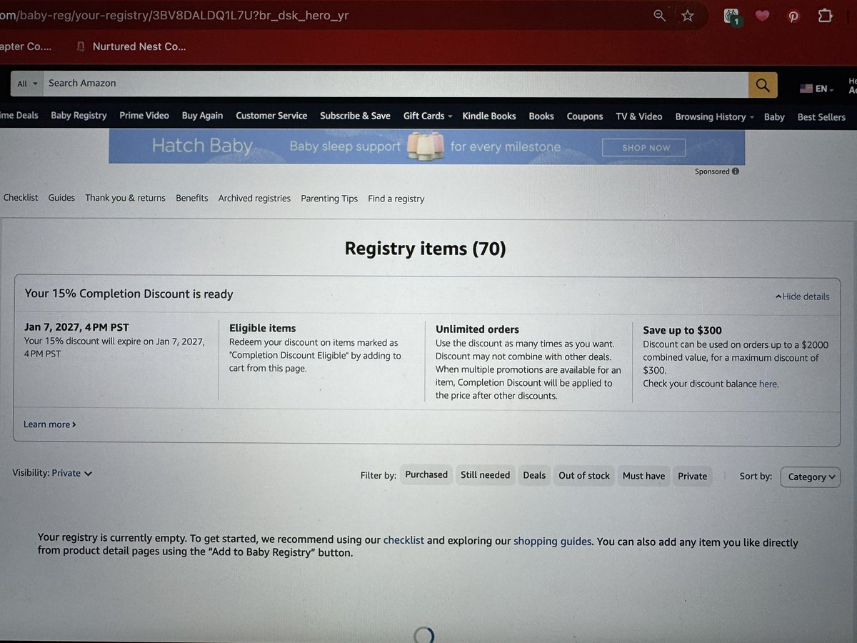 dadisontmerrick's tweet photo. @AmazonHelp went said they were escalating my chat to the appropriate team over 20 mins ago but no help yet. Guess I’m not getting help with my registry…? 70 items but “empty.” Can’t use my completion discount because of this and baby is due next week https://t.co/eO1EeyHDVx