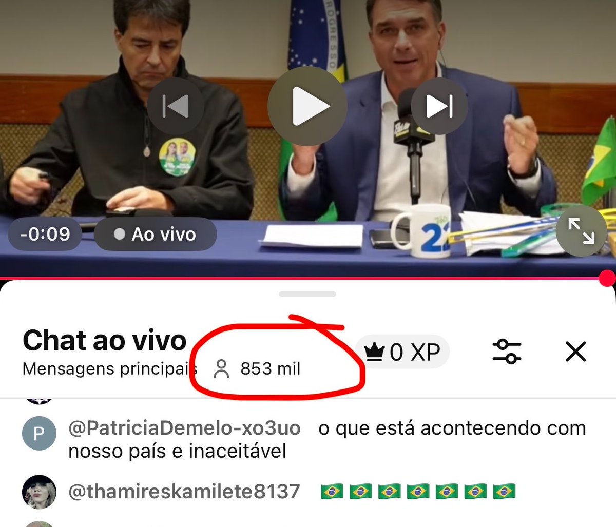 carlosjordy's tweet photo. 853 mil pessoas assistindo à live de Flávio Bolsonaro. Lula e seus ministros do STF/TSE acabaram de nos dar a vitória. Não parcele seu voto, vamos vencer no 1° turno! 

Flávio Bolsonaro 2️⃣2️⃣
Carlos Jordy 2️⃣2️⃣1️⃣ https://t.co/f8xVZM4qbM