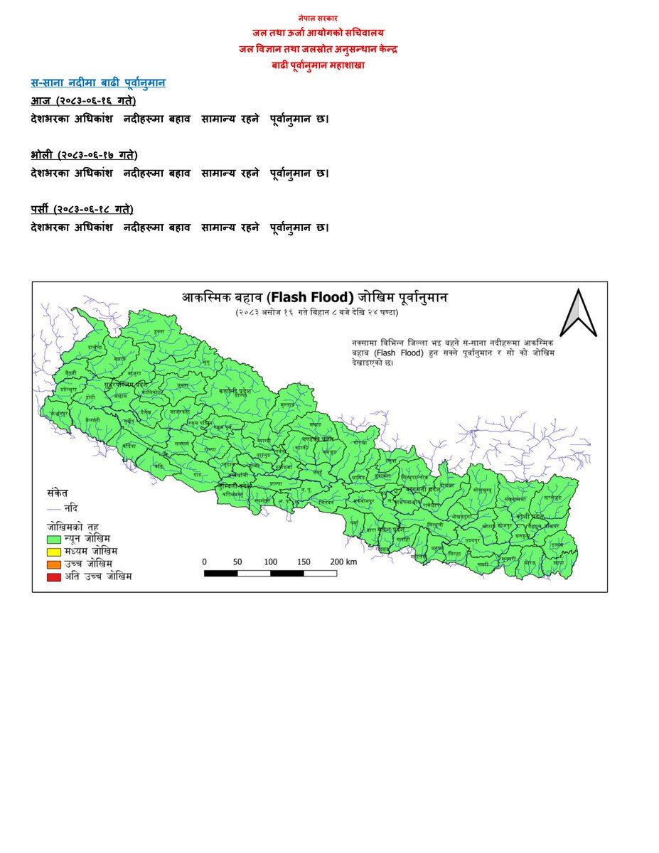 DHM_FloodEWS's tweet photo. आज २०८३-०६-१६ गते
आज बिहानको मापन अनुसार कोशी, नारायणी, बागमती, कर्णाली, महाकाली र यिनका सहायक नदीहरू तथा कन्काई, कमला, बबई, पूर्वी राप्ती र पश्‍चिम राप्ती नदीको बहाव सतर्कता तह भन्दा तल रहेको छ । @NDRRMA_Nepal https://t.co/XDF8M47Rtc