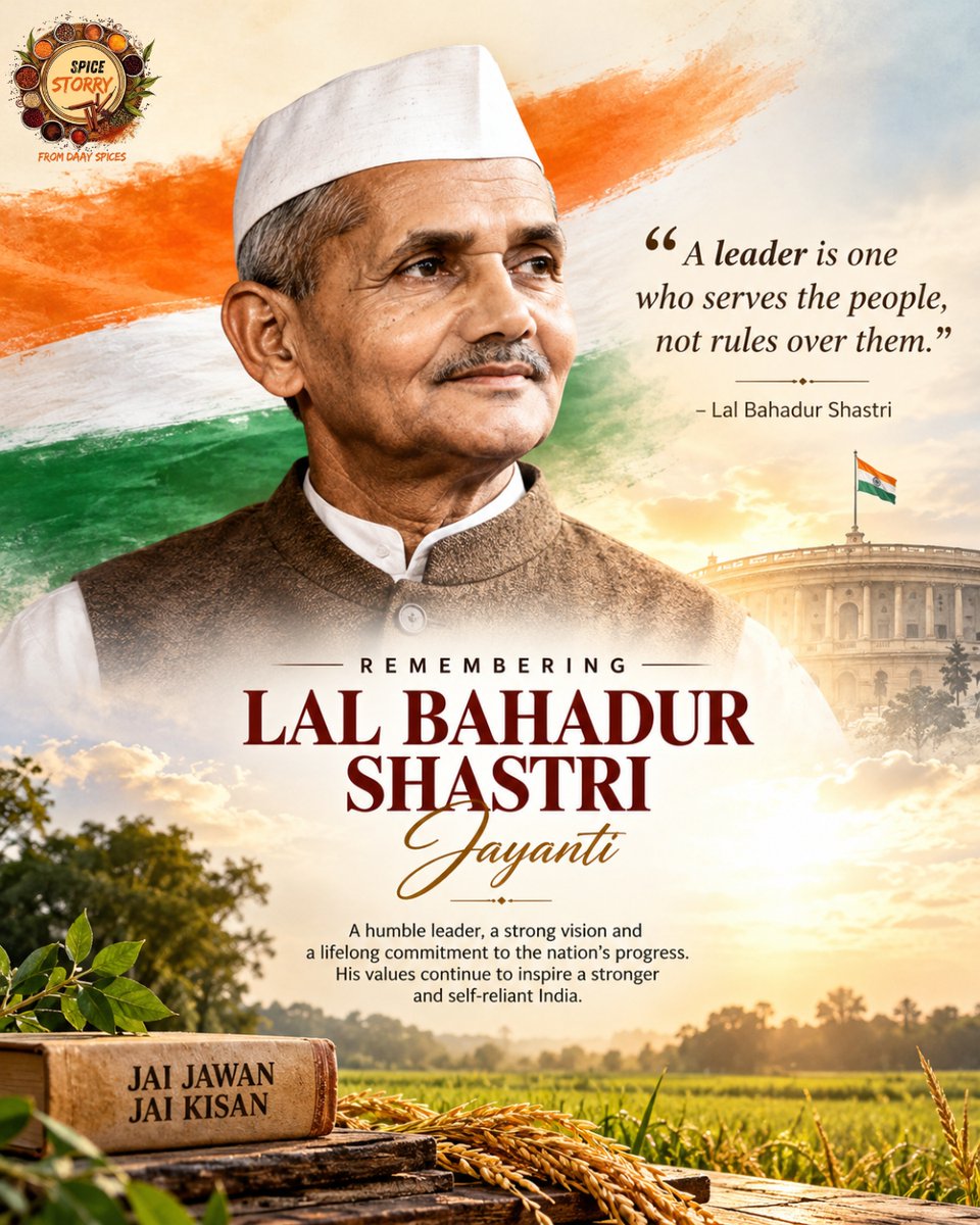 Spicestorry's tweet photo. Honoring simplicity, integrity, and the soil of our nation this Lal Bahadur Shastri Jayanti. 🇮🇳🌾
Happy Lal Bahadur Shastri Jayanti from the entire family at Spice Storry By DAAY Spices! 🙏
For more details visit us on:
https://t.co/IWG34xaBCB
daayspices@gmail.com
@daayspices https://t.co/hIH0mM2Cnv