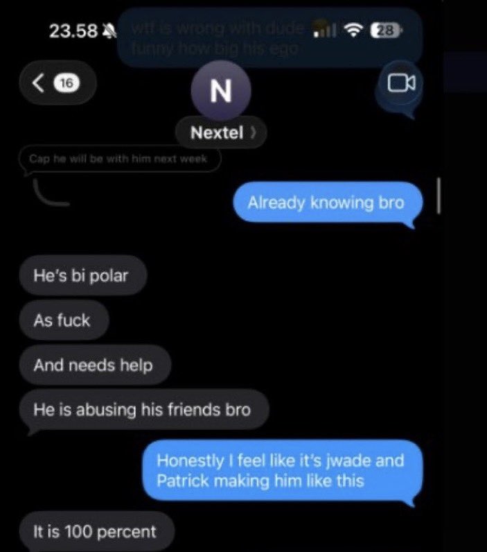 TruSceneIG's tweet photo. Private messages between Nine Vicious’ manager Nextel and JOTC have leaked

Nextel makes a concerning comment about Nine, saying he “he's bipolar as fu*k and needs help"

"They all signed to me (pat, jwade, nine) if they wanna be assholes i can be way worse" https://t.co/Hc0MEGdfU9