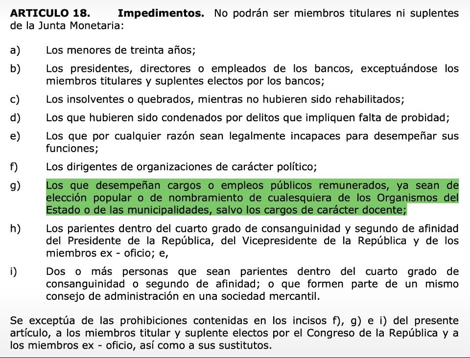 5toPoderSM's tweet photo. MENKOS NO PUEDE SER PRESIDENTE DEL BANGUAT AUNQUE RENUNCIE DE DIPUTADO

Las prohibiciones son claras no puede ser presidente del Banco de Guatemala quien desempeñe cargos públicos por elección popular reza el texto del artículo 18 de la ley orgánica del Banguat, sobre prohibiciones inciso g. 

Bernarco Arévalo viola las leyes al imponer al bachiller Jonathan Menkos, no solo por incapaz sino porque lo impusieron como diputado en el fraude electoral pasado. 

PERMISO NO VALE 

Menkos solicitó permiso para un cargo en el organismo ejecutivo no para ser presidente de una institución autónoma lejana al ejecutivo. 

Aunque renuncie ya no puede asumir por qué el delito ya se cometió y no puede retrotraerse antes del nombramiento ilegal de Bernarco.

CONTINUARÁ…