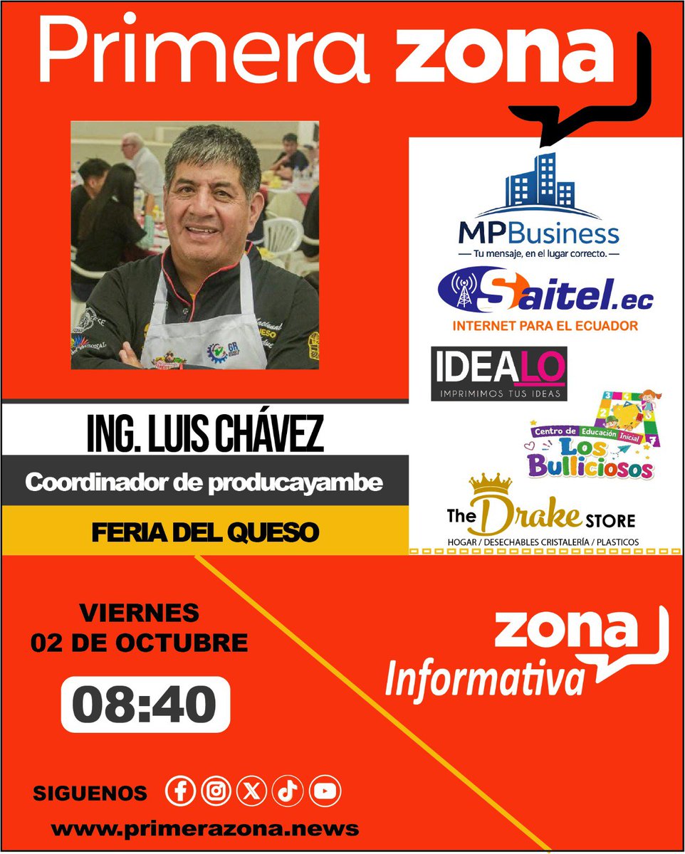 primera_zona's tweet photo. #Atención #Ibarra || Este viernes 02 de octubre en #ZonaInformativa, nuestro invitado, el Ing. Luis Chávez, coordinador de producayambe.
Tema: Feria del queso.
#feria #Ques #queso https://t.co/7aGSgmGGkI