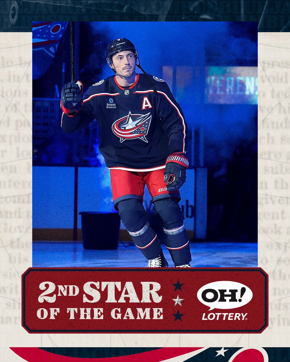 BlueJacketsNHL's tweet photo. First star in his first game in union blue 🤩

⭐️ Matthew Knies
⭐️⭐️ Zach Werenski
⭐️⭐️⭐️ Charlie Coyle 

CBJ x @OHLottery https://t.co/5Hd3kTszKc