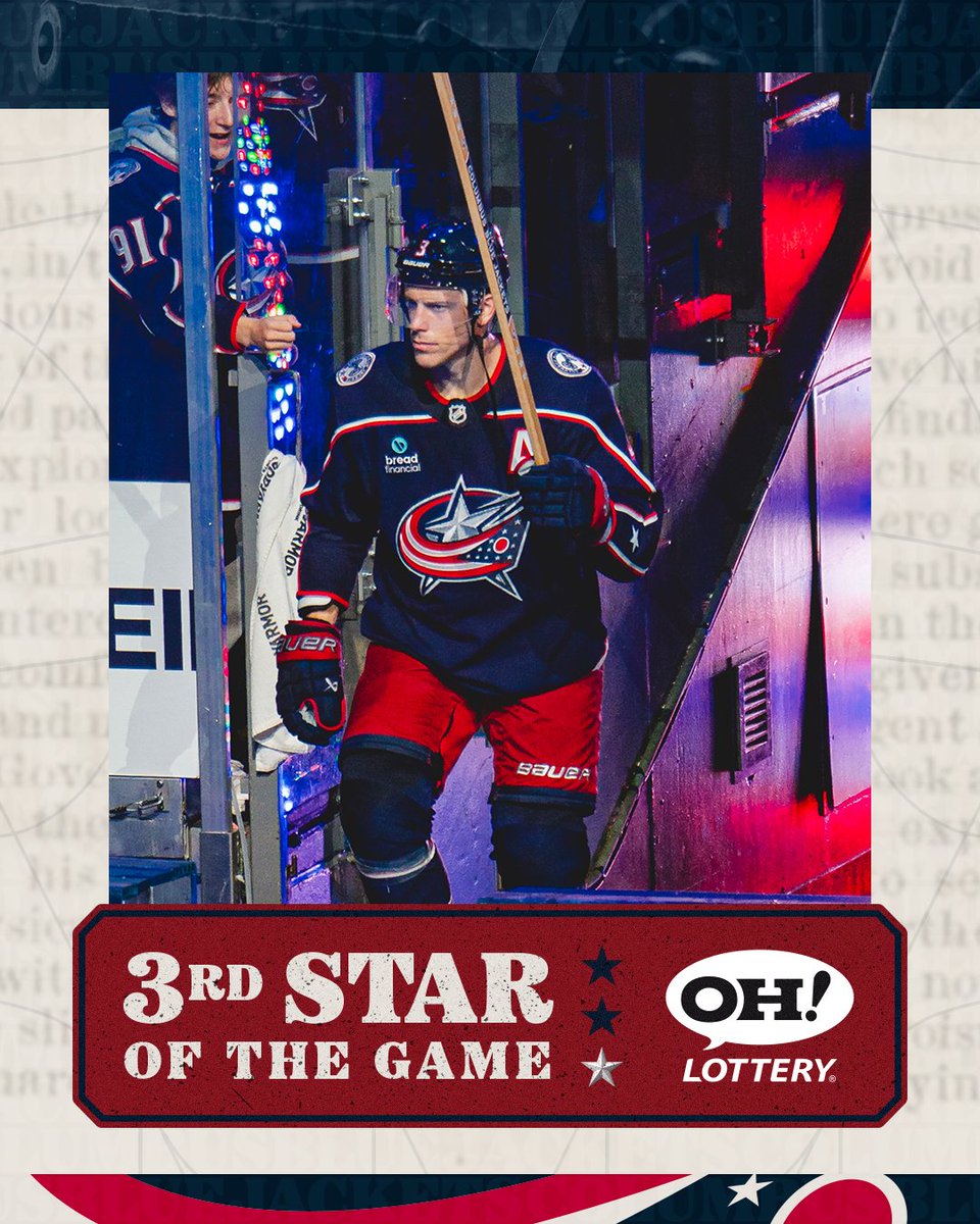 BlueJacketsNHL's tweet photo. First star in his first game in union blue 🤩

⭐️ Matthew Knies
⭐️⭐️ Zach Werenski
⭐️⭐️⭐️ Charlie Coyle 

CBJ x @OHLottery https://t.co/5Hd3kTszKc