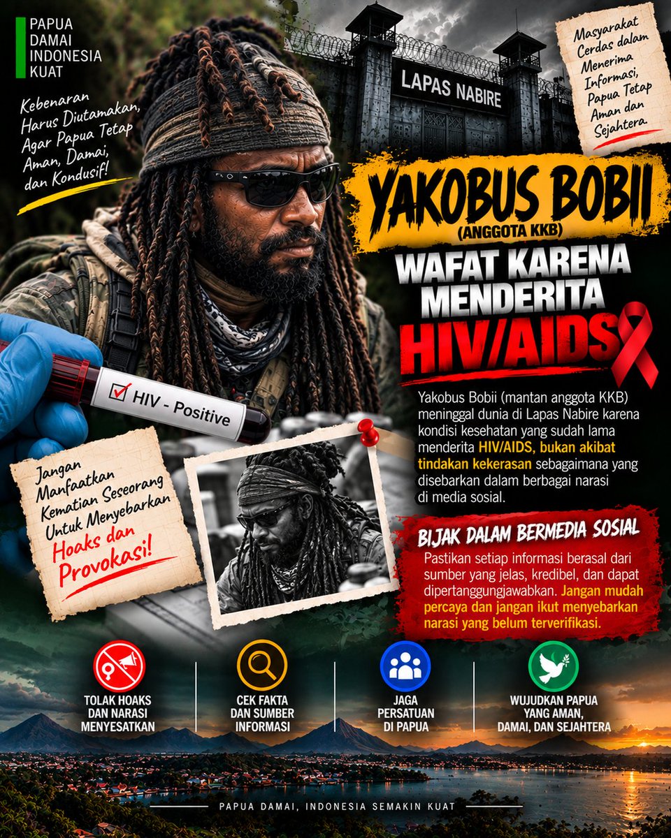 Judikamurat's tweet photo. HIV AIDS
Jadi Alasan Wafatnya Anggota KKB Papua Yakobus Bobii

#yakobusbobii #tolakopm King Indo #papuaindonesia #YEONJUNxMiuMiu infobaik kadang terabaikan #TimnasDay #efisiensiapbn2027 https://t.co/rFIepDAJrm