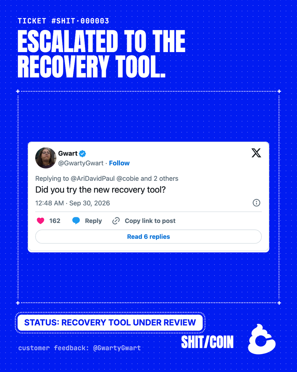 ShitcoinSupp's tweet photo. TICKET #SHIT·000003
we tried the new recovery tool.
it opened a ticket about the recovery tool. https://t.co/wNU1Y5vUV6