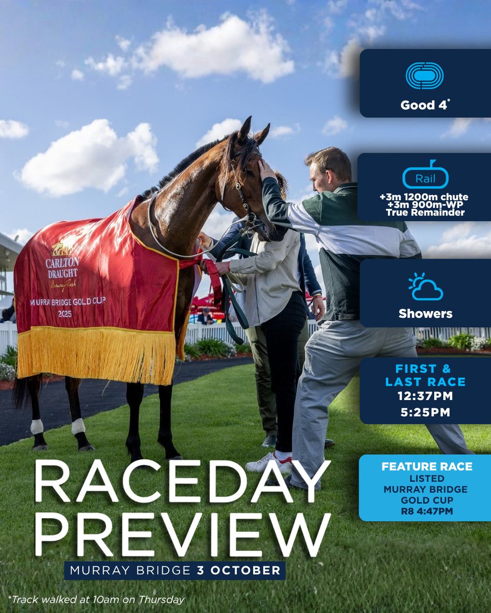 RacingSA's tweet photo. SA racing returns to Murray Bridge tomorrow for the Listed Gold Cup! 

Get up to date with a full preview of the field and track report >> https://t.co/I7q3yqO25U https://t.co/LKfExYHtLv