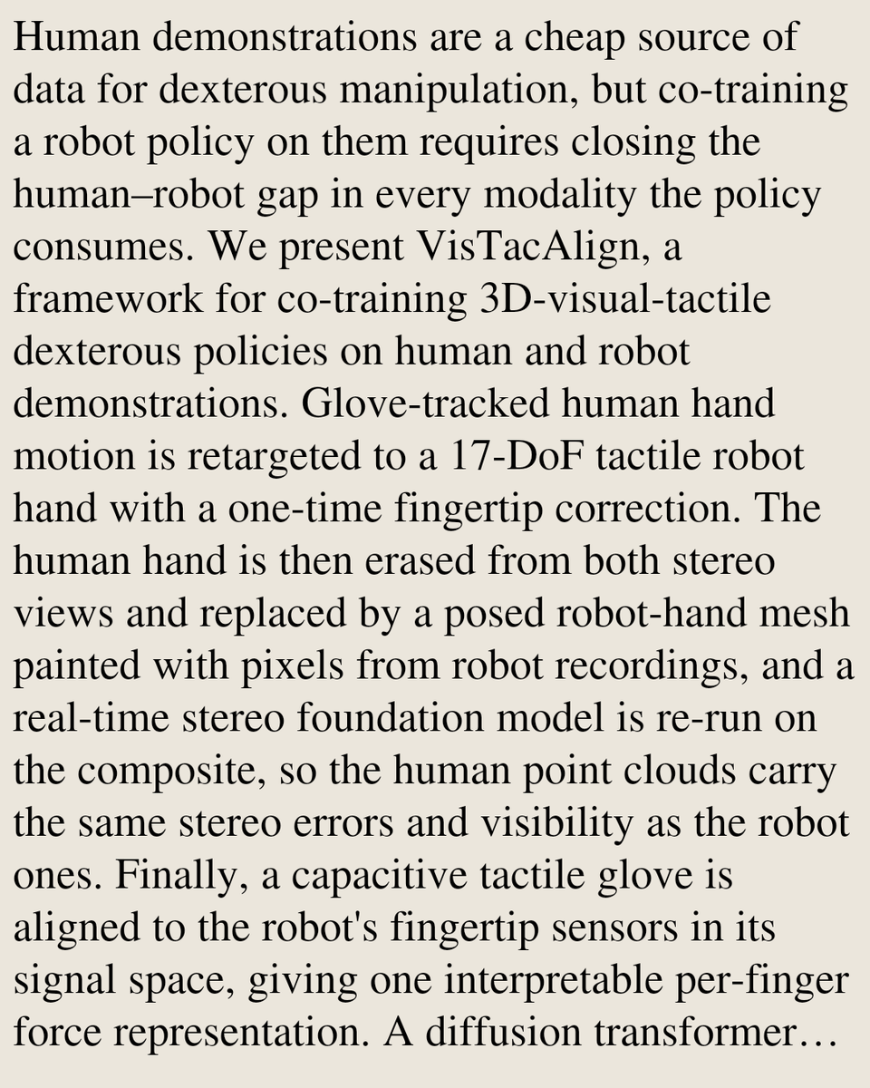 OWW's tweet photo. VisTacAlign: Co-Training Dexterous Policies on Tactile Human and Robot Demonstrations

Julien Poffet, Matthew Strong, Ankush Dhawan, Baiyu Shi, Shalika Neelaveni, Yujia Yuan, Zhenan Bao, Monroe Kennedy
https://t.co/0ZM9JfkqP6 [𝚌𝚜.𝚁𝙾] https://t.co/NlgsAioj8a
