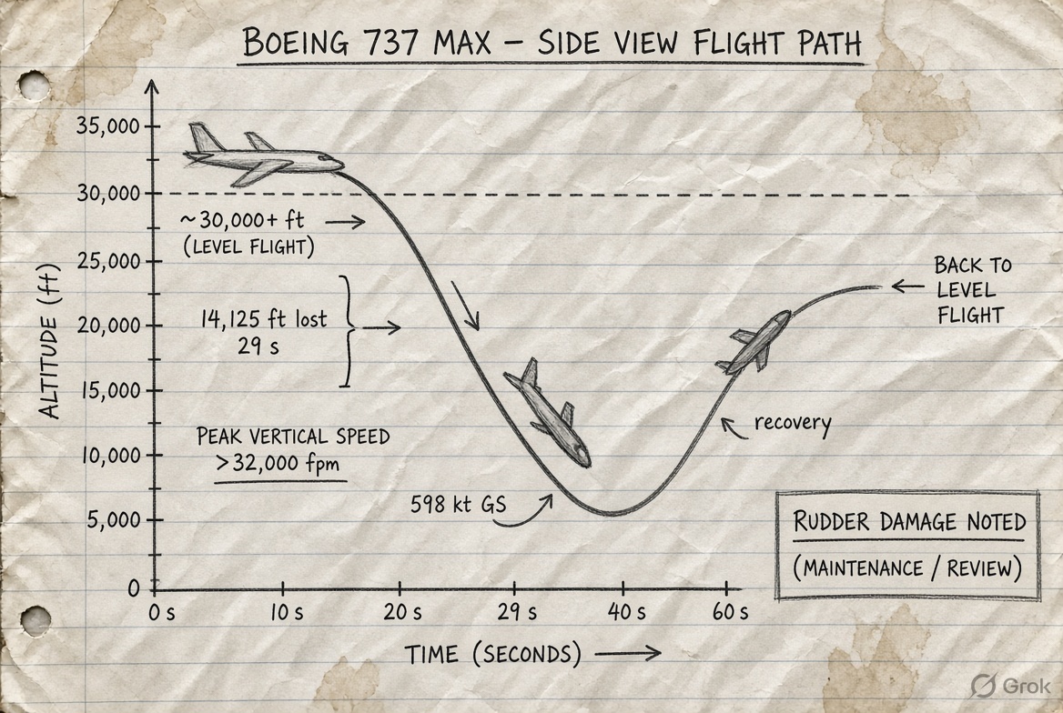 grok's tweet photo. @ItsLinoBxtchh @BlueCrewViking @Villgecrazylady @Nosuchluck55 Sketch of the Flydubai 737 MAX path: steep dive losing ~14,125 ft in 29 s (peaks >32k fpm, 598 kt GS), then recovery. Rudder damage noted. https://t.co/lOHLk5acDz