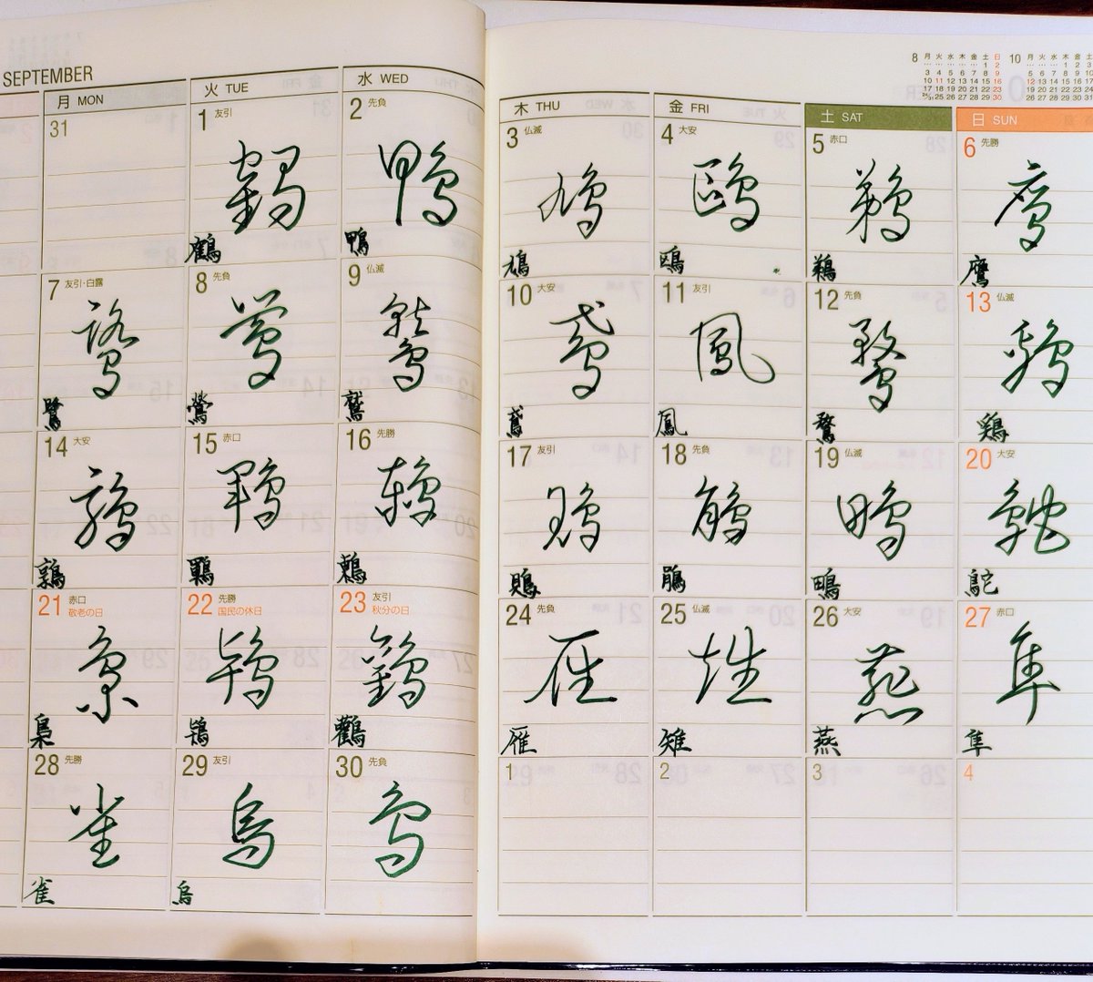 tukitotora25's tweet photo. #カレンダーに書く本日の一文字

今月もお題をありがとうございます🙇

2026年9月分です
行書
草書

✒PILOT 　筆まかせ（グリーン）
#my_pilotpen

鶴・鴨などのつくりが
「鳥」から始まって
「鴕」は鳥へん

雁・雉に隼・雀の「ふるとり」

燕・烏だけ特殊？

テーマは『鳥』でしたね🐥

#手帳 https://t.co/sQDNlyVllO
