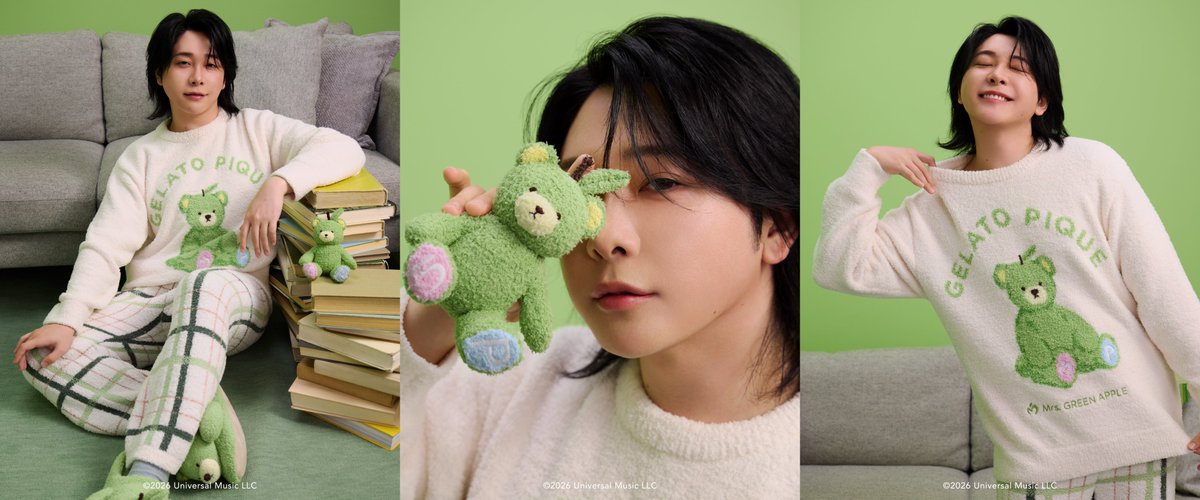 oricon's tweet photo. Mrs. GREEN APPLE × ジェラート ピケ
初コラボ🍏10/20(火)発売
⠀
ジェラピケのベアが青リンゴになった
《グリベア》のルームウェア＆雑貨が登場❗️
ミセスのインタビュー動画も公開
⠀
✍🏻購入方法＆アイテム詳細
https://t.co/HxJl2rMAki
⠀
ポーチ、トート、ハンドタオル、ヘアバンドなども https://t.co/IgfetfYFbC