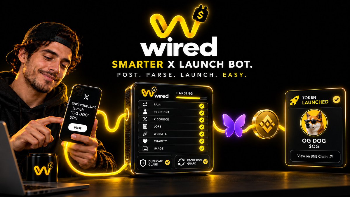 wiredupbnb's tweet photo. The WIRED X bot just got smarter.

Launch directly from a post:

(at)wiredup_bot launch "Token Name" $TICKER

Now supports:

• Custom pairs with pair:
• Any supported recipient with recipient:
• A separate X profile or post with x:
• Optional lore with description:"..."
• Project websites with website:
• Charity routing with charity:
• Automatic thread-image detection
• Clear, human-readable errors
• Protection against duplicate and recursive triggers

Tag (at)wiredup_bot, provide the details, and $WIRED launches through @flapdotsh /Wired on BNB Chain.

Full example:

(at)wiredup_bot launch "Token Name" $TOKEN pair:NVDAB description:"Your token lore" x:https://t.co/8jVj0LGsFn