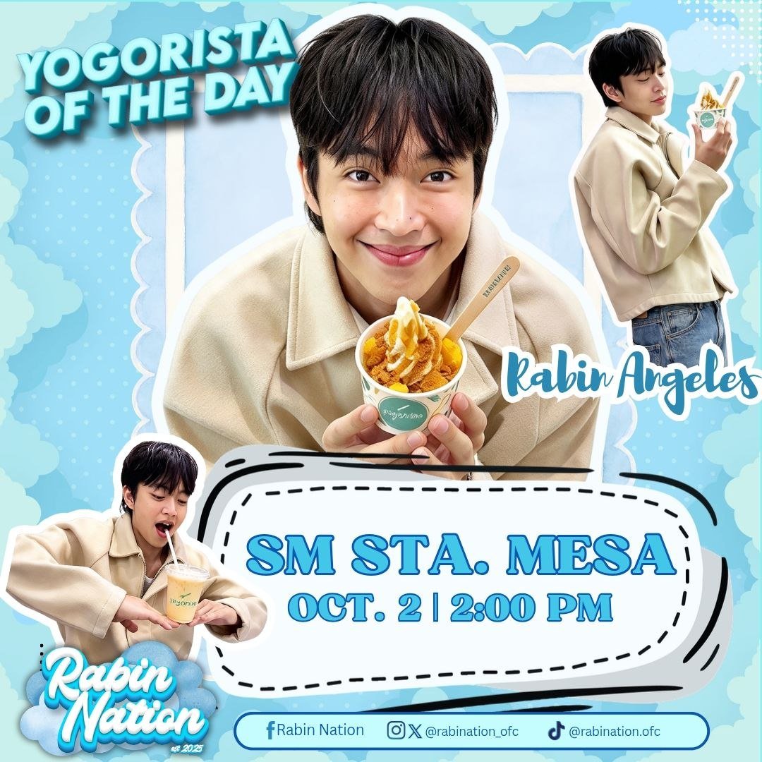 rabination_ofc's tweet photo. YOGORISTA OF THE DAY: RABIN ANGELES! 
 
Catch our Best Boy at Yogorino SM Sta. Mesa✨

October 2, 2026 |  2:00 pm

Official tagline:
/YOGORISTAR RABIN
#.YogoFriDateWithRAB
 
Come say hi, grab a treat, and cheer for Rabin! See you there, Rabination fam! 🩵 https://t.co/h6av2KHjLs