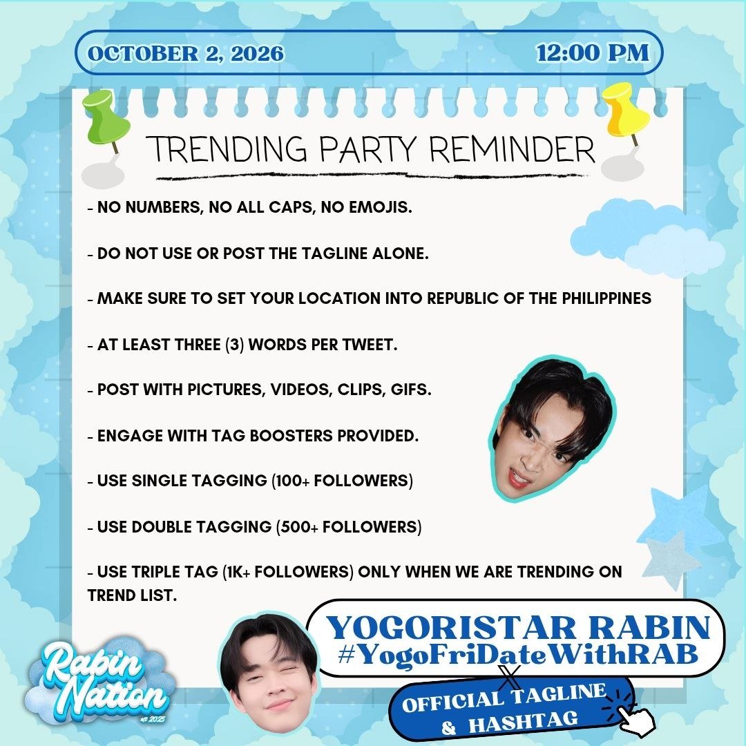 rabination_ofc's tweet photo. YOGORISTA OF THE DAY: RABIN ANGELES! 
 
Catch our Best Boy at Yogorino SM Sta. Mesa✨

October 2, 2026 |  2:00 pm

Official tagline:
/YOGORISTAR RABIN
#.YogoFriDateWithRAB
 
Come say hi, grab a treat, and cheer for Rabin! See you there, Rabination fam! 🩵 https://t.co/h6av2KHjLs