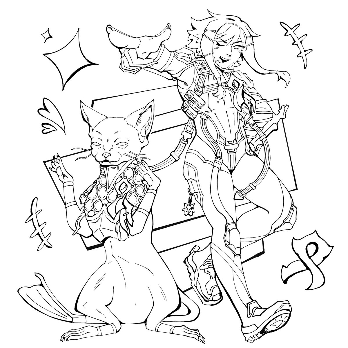 mintsoir's tweet photo. here's the artwork i got to do for the colouring book!! literally a dream come true for me, thank you for letting me draw my favourite character and her friend's weird pets 🐱🐶

if you get the book please tag me in your coloured pieces hehehe https://t.co/Co2LKVUNyb