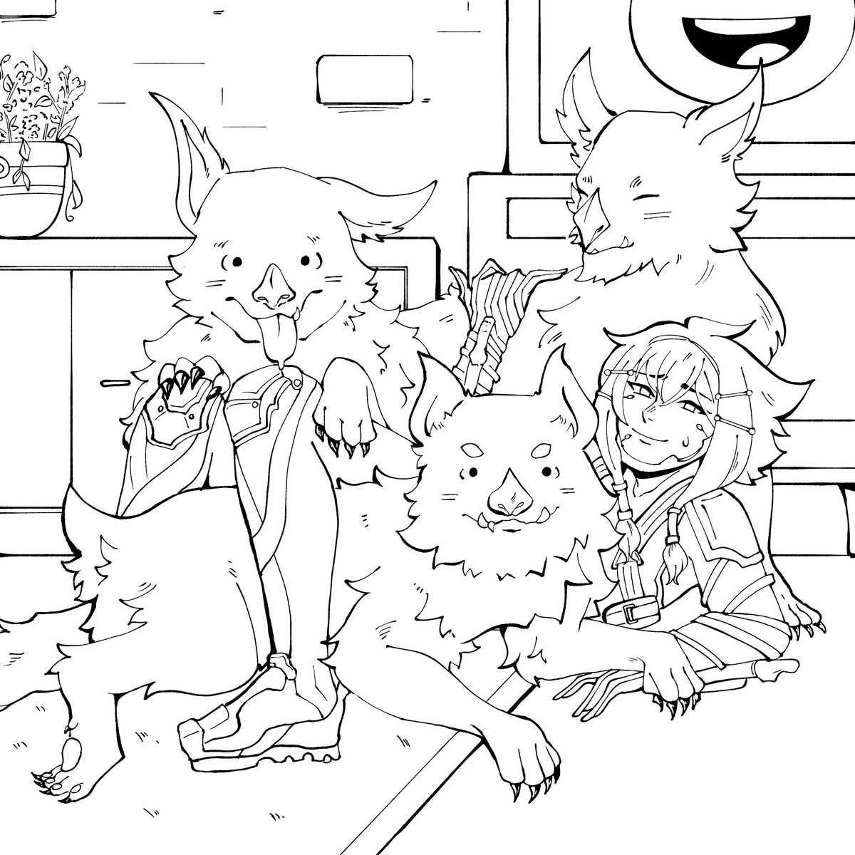 mintsoir's tweet photo. here's the artwork i got to do for the colouring book!! literally a dream come true for me, thank you for letting me draw my favourite character and her friend's weird pets 🐱🐶

if you get the book please tag me in your coloured pieces hehehe https://t.co/Co2LKVUNyb