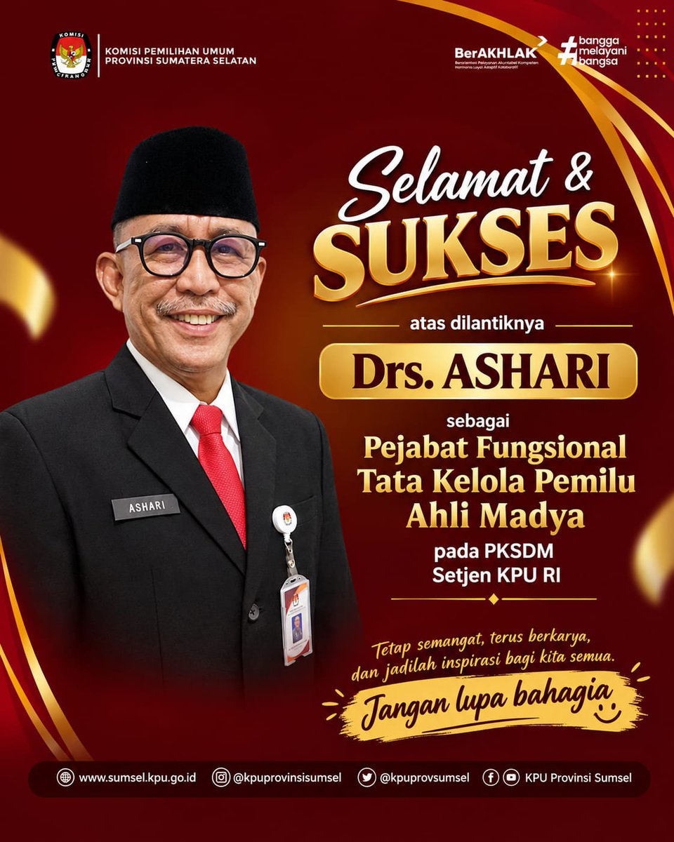 kpusumsel's tweet photo. #Temanpemilih Keluarga Besar KPU Provinsi Sumatera Selatan mengucapkan Selamat dan Sukses atas Pelantikan Drs. Ashari sebagai Pejabat Fungsional Tata Kelola Pemilu Ahli Madya pada PKSDM Sekretariat Jenderal KPU. https://t.co/VSwDq6Zzgq