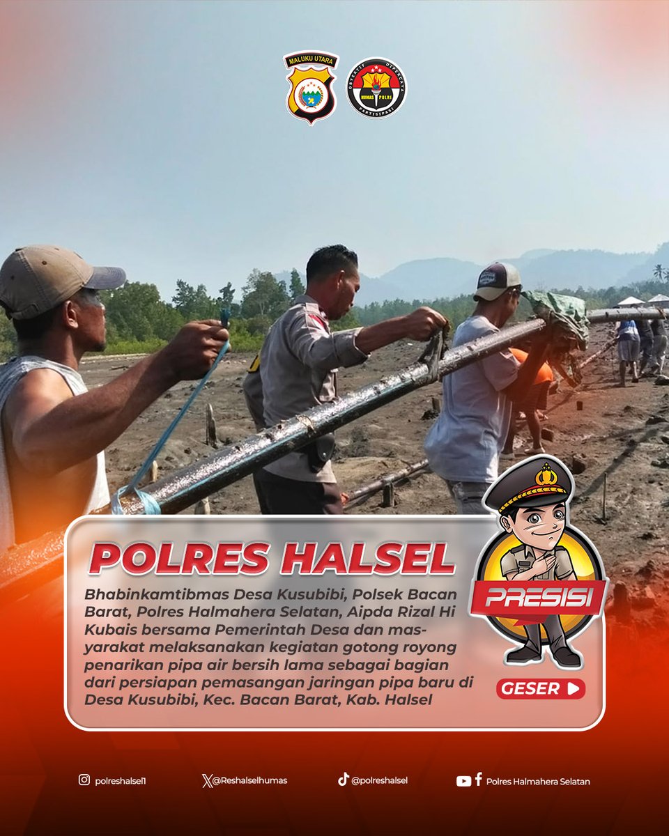 Reshalselhumas's tweet photo. Bhabinkamtibmas Desa Kusubibi, Polsek Bacan Barat, Polres Halsel, Aipda Rizal Hi Kubais bersama Pemerintah Desa dan masyarakat melaksanakan kegiatan gotong royong penarikan pipa air bersih lama sebagai bagian dari persiapan pemasangan jaringan pipa baru di Desa Kusubibi, https://t.co/iTYguQfHYz