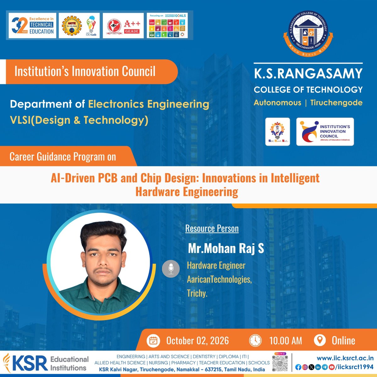 iicksrct1994's tweet photo. 💻 Career Guidance Webinar: AI
-Driven PCB and Chip Design – Innovations in Intelligent Hardware Engineering
🎙️ Mr. Mohan Raj S., Aarican Technologies, Trichy
📅 02 Oct 2026 | ⏰ 10:00 AM | 💻 Online
#IIC #VLSI #AI #PCBDesign https://t.co/IbCb6lRnr4