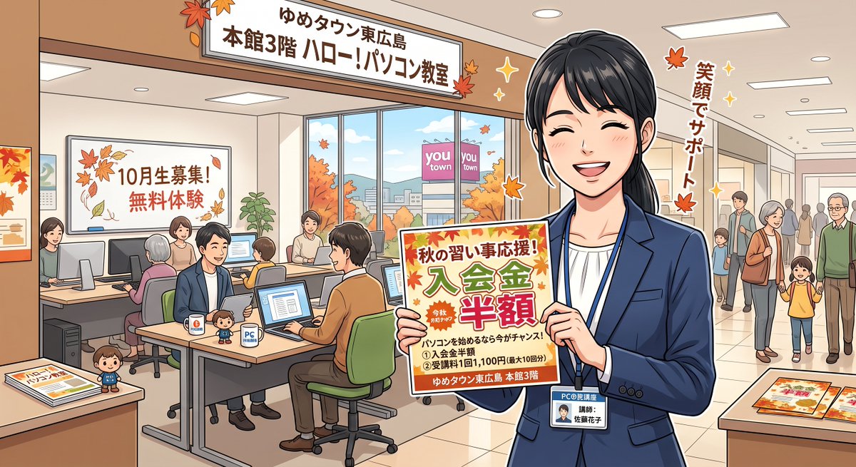 H_H_hello_PC_'s tweet photo. 【10月秋の習い事スタート応援！無料体験受付中🍁】
パソコンを始めるなら今がチャンス！
①入会金半額（半額でお得に受講スタート）
②受講料1回1,100円（最大10回分まで）
ゆめタウン東広島の本館3階でお待ちしております。無料体験へお気軽に！
#無料体験 #習い事 #東広島 #入会金半額 https://t.co/fQOo3996l7