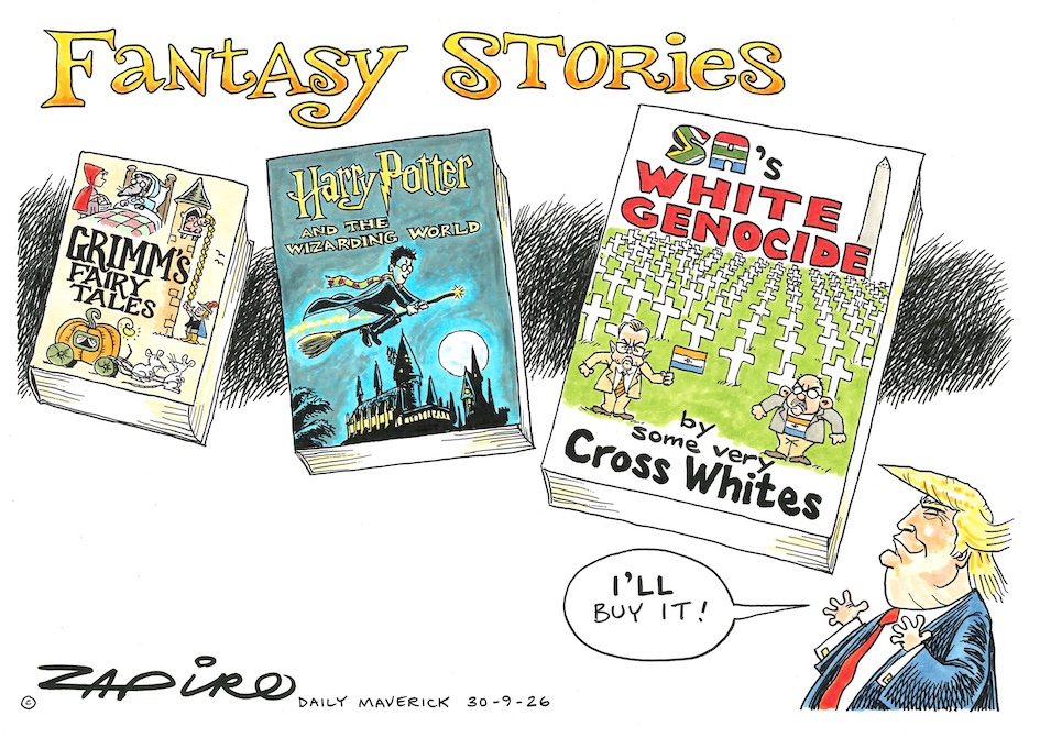 zapiro's tweet photo. Zapiro cartoon published on @dailymaverick (30 September 2026) on Who'd believe @realDonaldTrump - https://t.co/e0ow1VZ8bG https://t.co/iA3GbhYryH