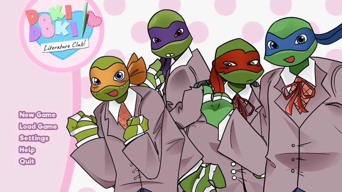 c0dy_coy's tweet photo. The guys from the literature club are so cute! Who will you choose to spend time with? 🐢📚 #tmnt #ddlc https://t.co/VxsOqcTW8U