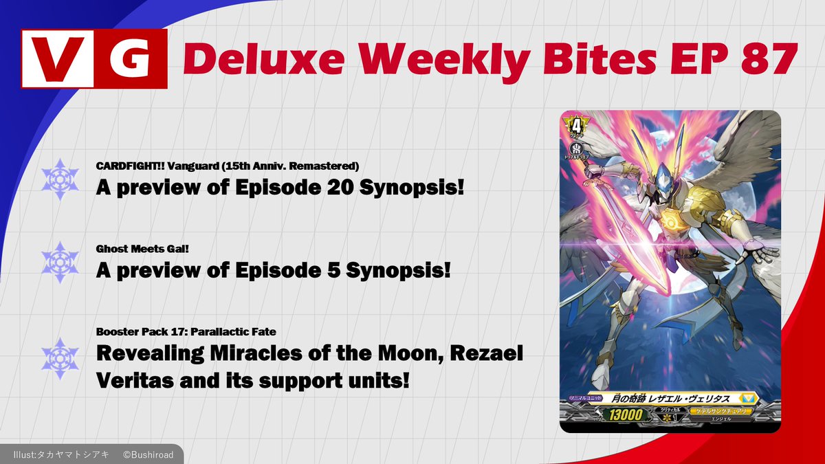 cfvanguard_en's tweet photo. This week’s #VGWeeklyBites is here!

Take a look at the upcoming Episode 20 of CARDFIGHT!! VANGUARD (15th Anniv. Remastered) and Episode 5 of Ghost Meets Gal!

Revealing the ride line and support cards for Miracles of the Moon, Rezael Veritas!

Catch up on these and more on this week's Weekly Bites! 📣📣

➡️ https://t.co/RVJH6zRsyJ 

#CardfightVanguard #VG15th #TCG #anime