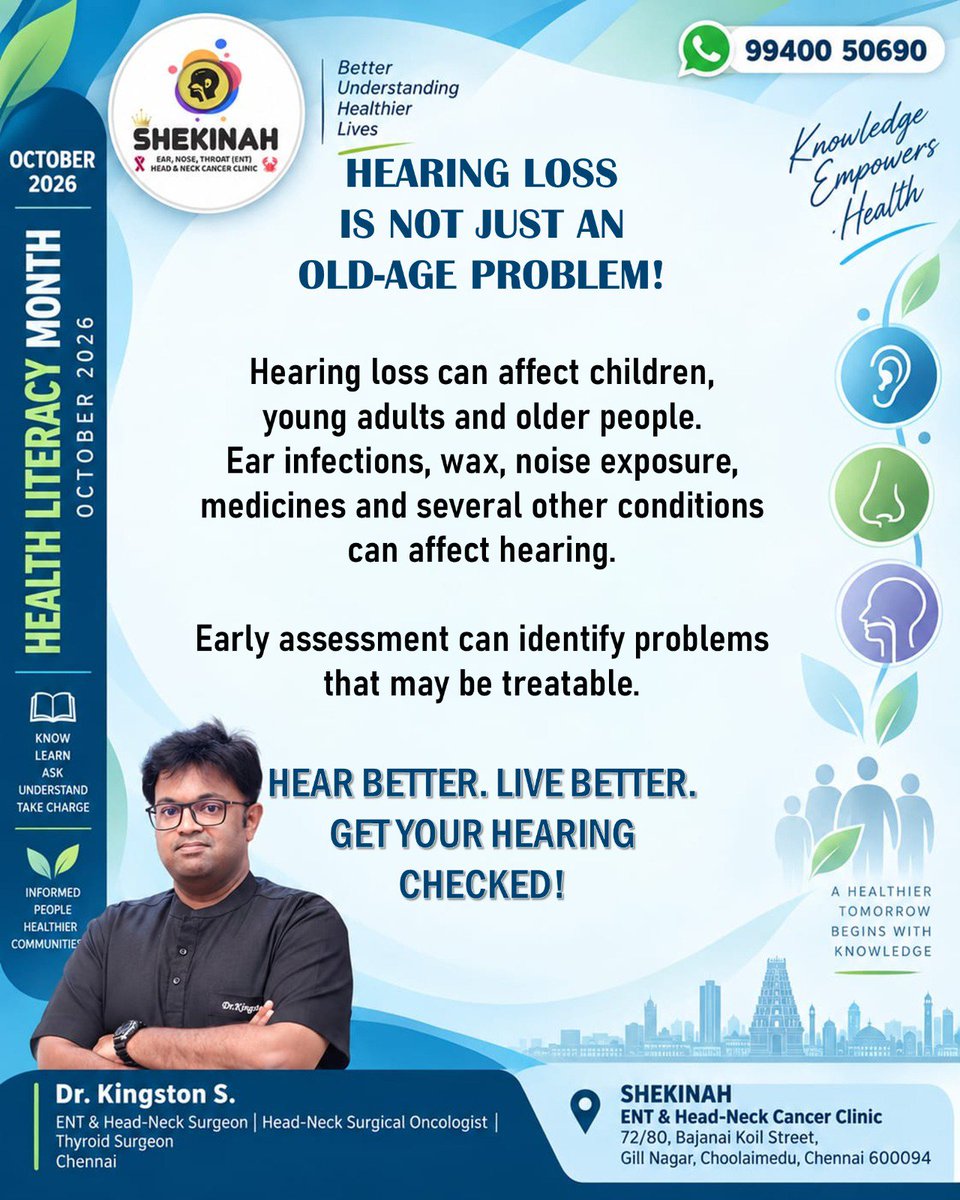 Shekinah_ENT's tweet photo. Health Literacy Month โ Oct '26
#HealthLiteracyMonth
#HealthLiteracy
Dr. Kingston S.
ENT & Head-Neck Surgeon,
Gremaltes Hospital, Shenoy Nagar.
#GremaltesHospital
#GremaltesENT
#HeadAndNeckCancerAwareness
#CancerAwareness
#OncologyCare
#HeadAndNeckCancers
#HeadAndNeckSurgery https://t.co/GH0za2f22N