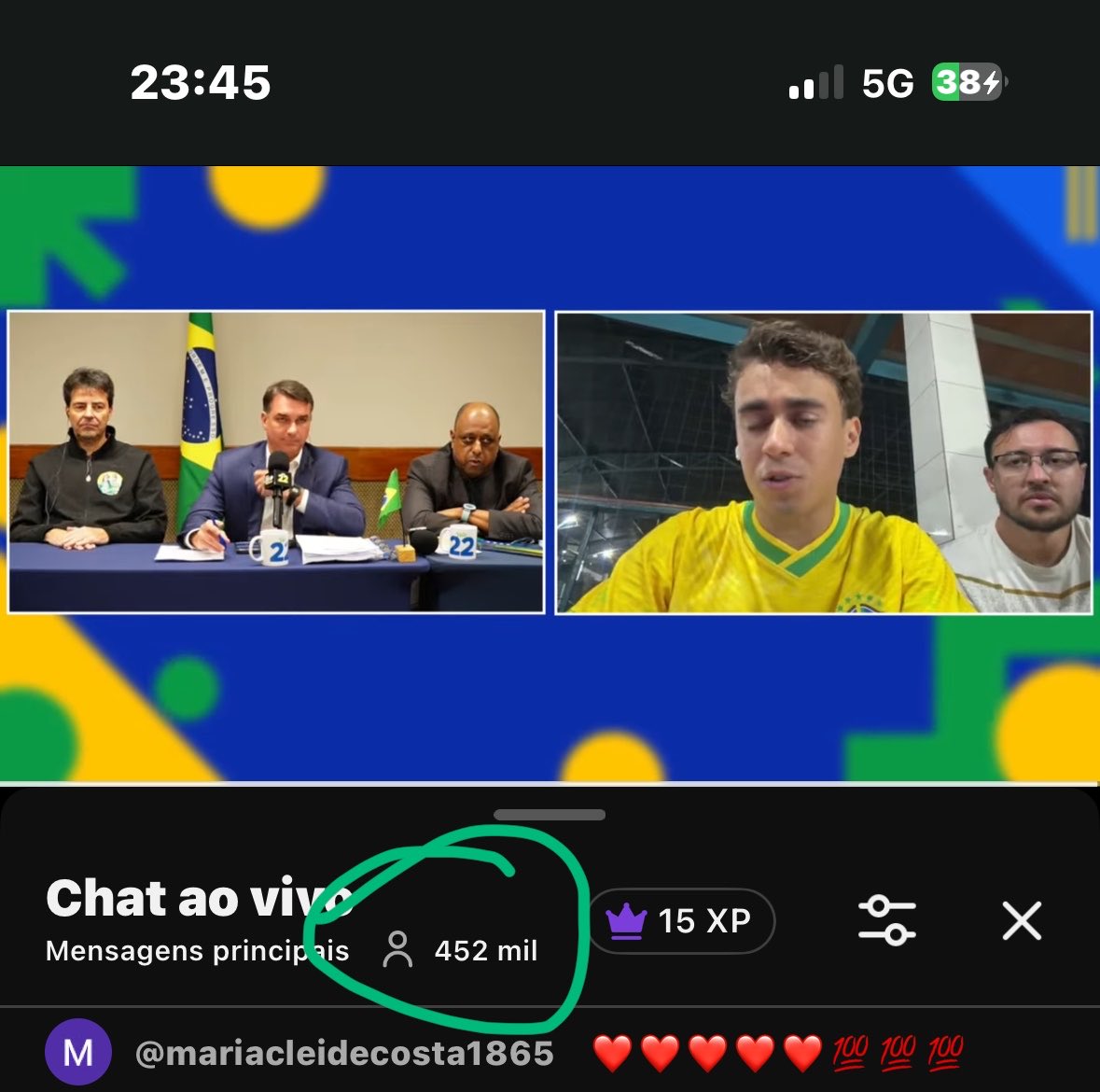 clarke_de_souza's tweet photo. Momento de divisão da direita. Estávamos com 900 mil pessoas ao vivo; apareceu o Pavanatto e, agora, o Nikolas. A live caiu para 500 mil pessoas. O que será isso? https://t.co/HlVaX7oTAW