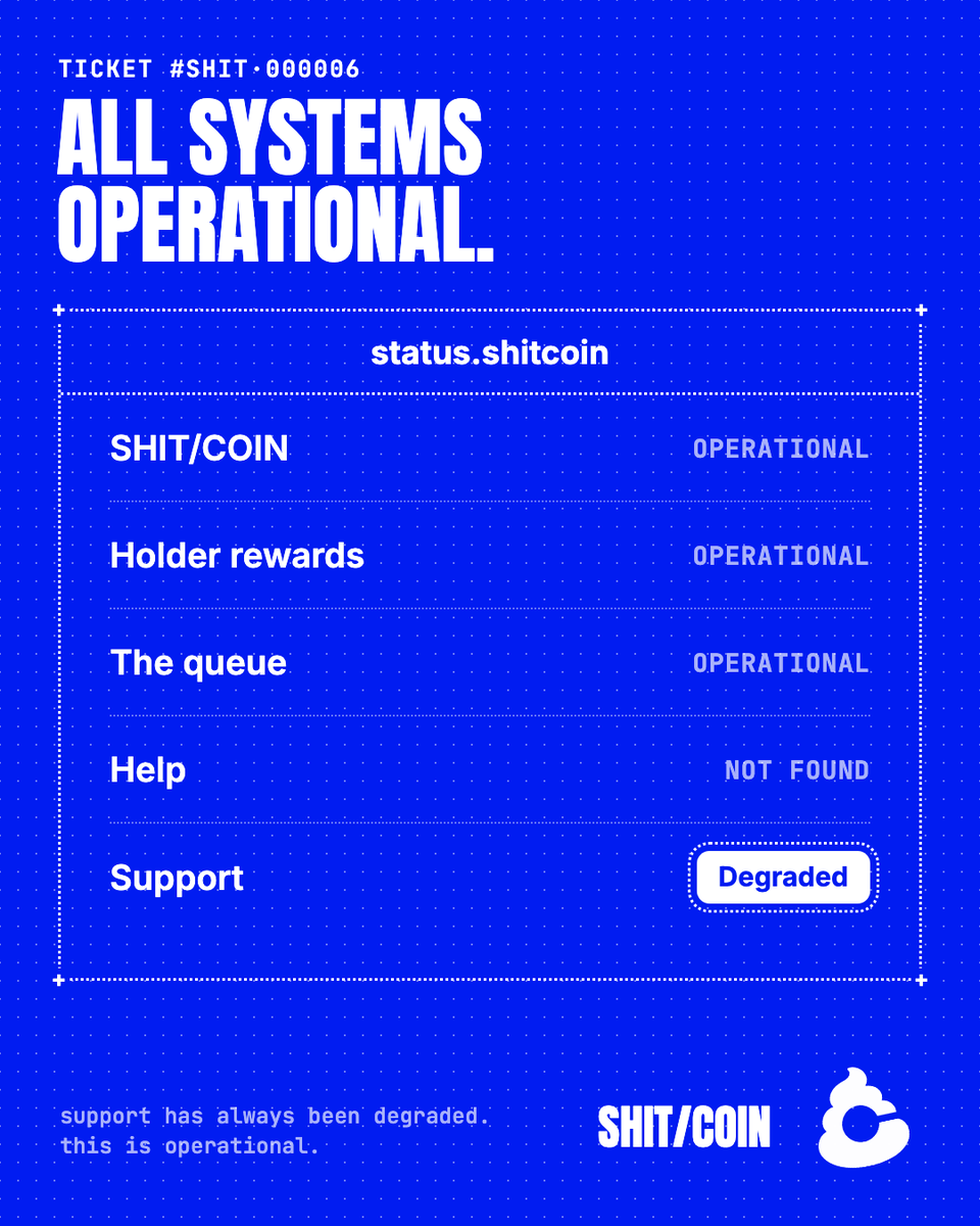 ShitcoinSupp's tweet photo. TICKET #SHIT·000006
NO INCIDENTS REPORTED
we turned reporting off. https://t.co/0WSka7d4jd