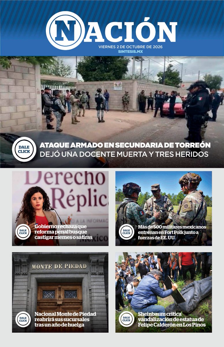 TlaxSintesis's tweet photo. 📰 Las noticias en Síntesis:

📃 501 años de la Fundación de Tlaxcala

🚨 Ataque armado en secundaria de Torreón

🇫🇷 EE.UU. entrega a México 20 fugitivos

⚽ Portugal supera 2-4 a Dinamarca

🎵 Tecate Comuna cambia de sede 

Nuestro periódico digital: 
https://t.co/jcVIMtpwH0 https://t.co/s2CRf7MPCR