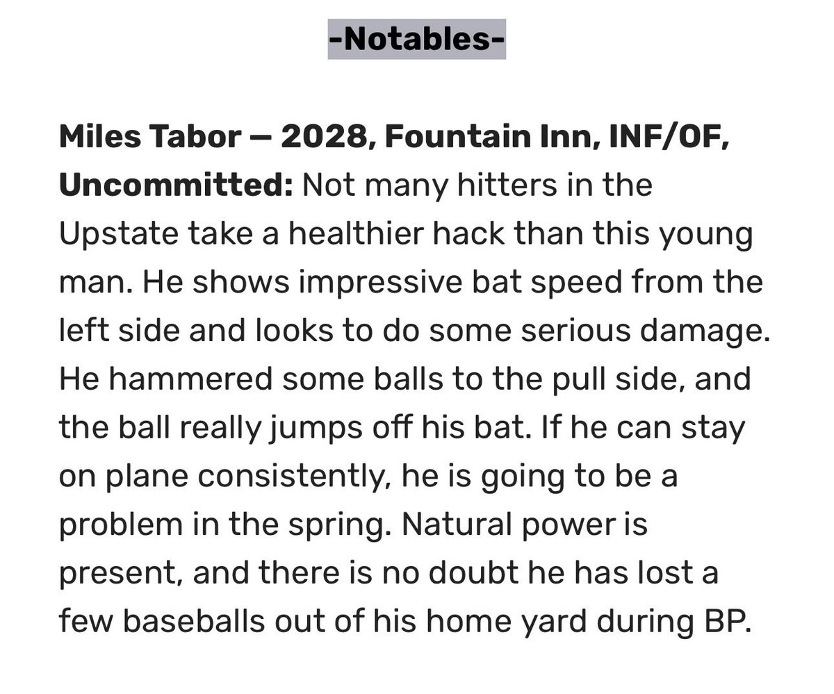 MilesTabor2028's tweet photo. Thanks for the write up Diamond Prospects @diamondprospect @scout31367 @pbtscouting @PrepBaseball_SC @coachbecoats @PG_Scouting @FuryBasebll  #uncommitted2028 https://t.co/Vc0Wyq0LtW