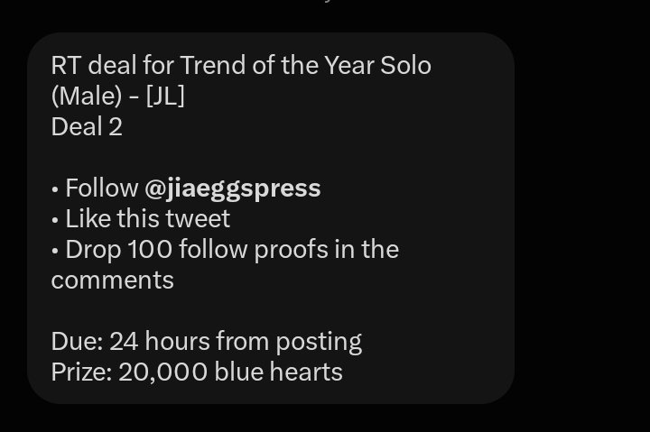 STEJAYVT's tweet photo. RT deal for Trend of the Year Solo (Male) - [JL] 
Deal 2

• Follow @jiaeggspress 
• Like this tweet
• Drop 100 follow proofs in the comments

Due: 24 hours from posting
Prize: 20,000 blue hearts

#제이엘 #JL 
#아홉 #AHOF https://t.co/iT0p78eM6R
