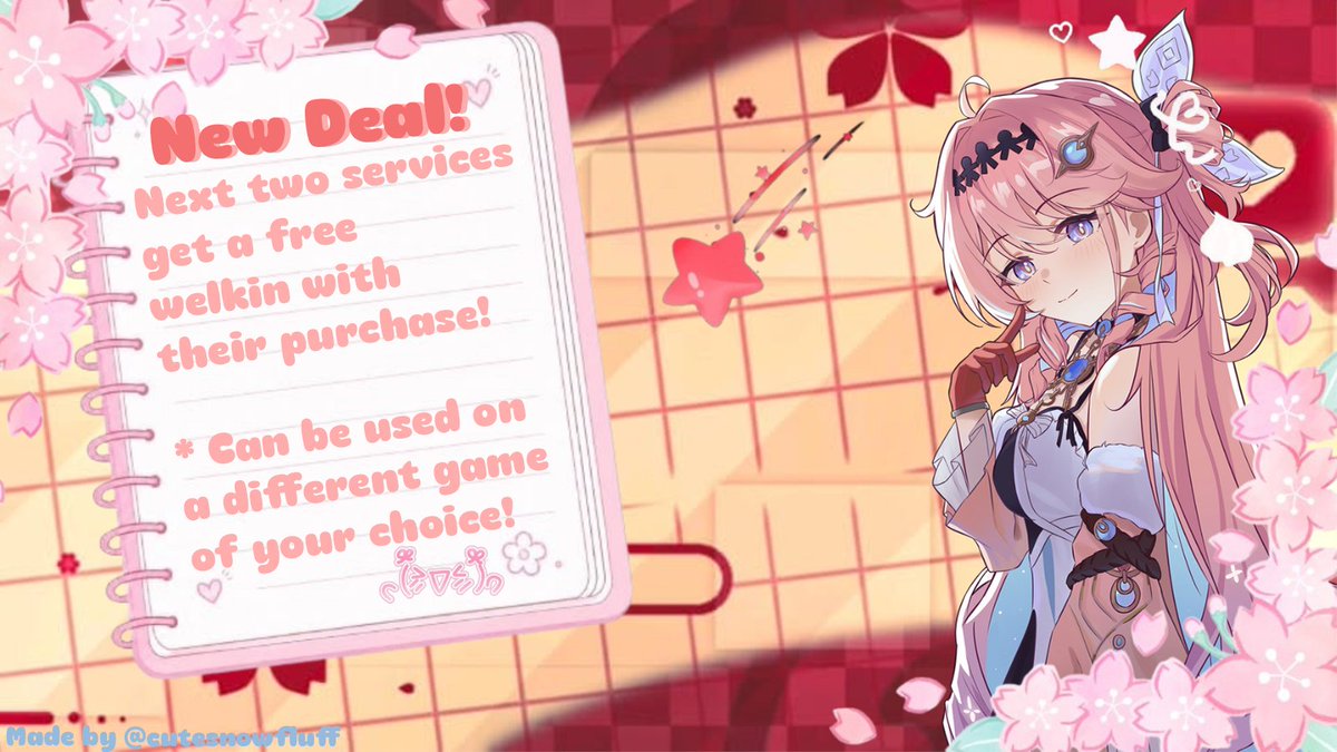 cutesnowfluff's tweet photo. New exciting deal, next 2 services get a free welkin! Dm here or make a ticket in the discord linked below to avail services~

Discord: https://t.co/ZNte9rf5p8

#genshintwt #wuwatwt #hsrtwt #genshinimpactㅤㅤㅤ #wutheringwaves #HonkailStarRail https://t.co/AOGESqnGHe