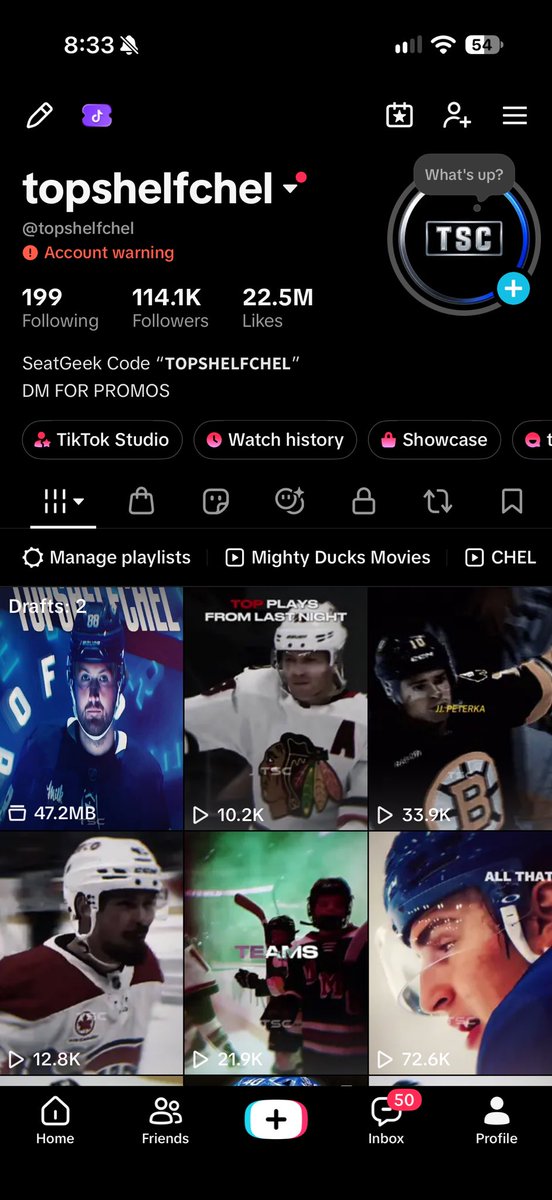 Topshelfchel's tweet photo. @NHL Please work with hockey creators instead of pushing them off these platforms. My TikTok with 100K+ followers was just banned after multiple copyright strikes. We’ve spent years building communities around this game and introducing hockey to new fans. https://t.co/17BpdnJVlo