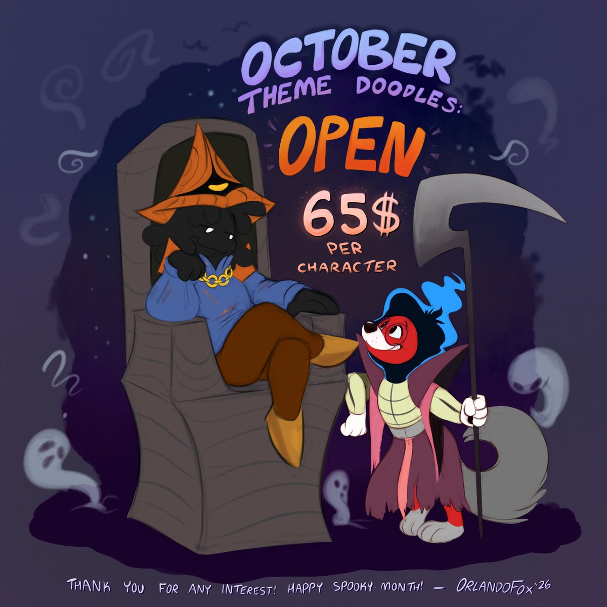 Orlando_Fox's tweet photo. It's that time again-- Halloween Theme Doodles are officially OPEN!! 🦇🎃🌙

 Discounted colored-sketch type commissions, available all month for any creepy canines or ominous ungulates who would like one. Submit your request with the form below. 

Happy Halloween, everyone! https://t.co/T32GBHn3Mr