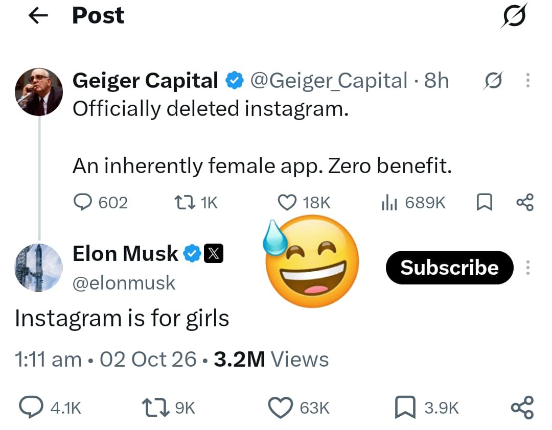 Vittadhara's tweet photo. Elon Musk declares, "Instagram is for girls" 🤐😅 https://t.co/nyCAEsJKeL