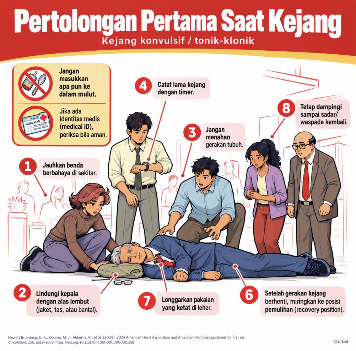 afrkml's tweet photo. #PENTING
Oiya pertolongan pertama kejang intinya begini:
1. Miringin korban, terutama klo gk sadar
2. Kepala disangga dg benda yg lembut
3. Mulut GA PERLU dimasukin apapun!
4. Dampingi korban
5. Hitung lama kejang
6. Rekam kejangnya & kasih rekamannya ke dokter

Pada orang yg punya epilepsi & kejangnya biasa berhenti sendiri, biasanya cukup didampingi sampe kejangnya selese, sadar, & pulih.

Tapi ada bbrp red flag/tanda bahaya yg apabila trjd, segera cari pertolongan medis.