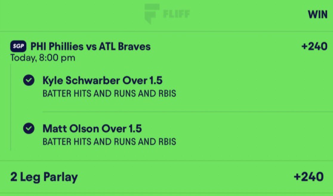 triciatips_'s tweet photo. Cash 💰 💰 this 2 bet HRR lay✅✅

Kyle Schwarber HRR⚾️
Matt Olson HRR⚾️ https://t.co/POl9Nfm48v
